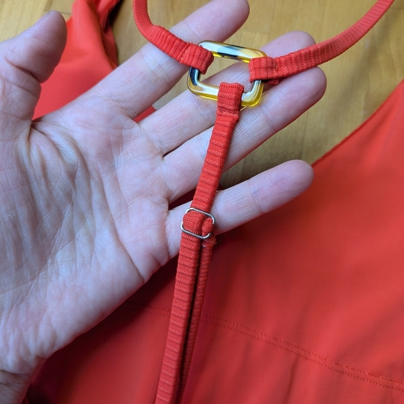 2/$25-Miss Adola Ribbed T-back One Piece Orange/Red Lower Back Belt Cinch Vneck - Picture 6 of 8